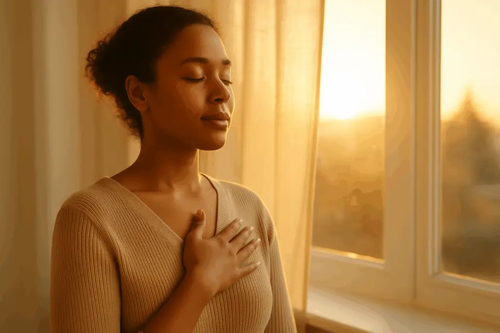Woman by window hand on heart practicing the pause