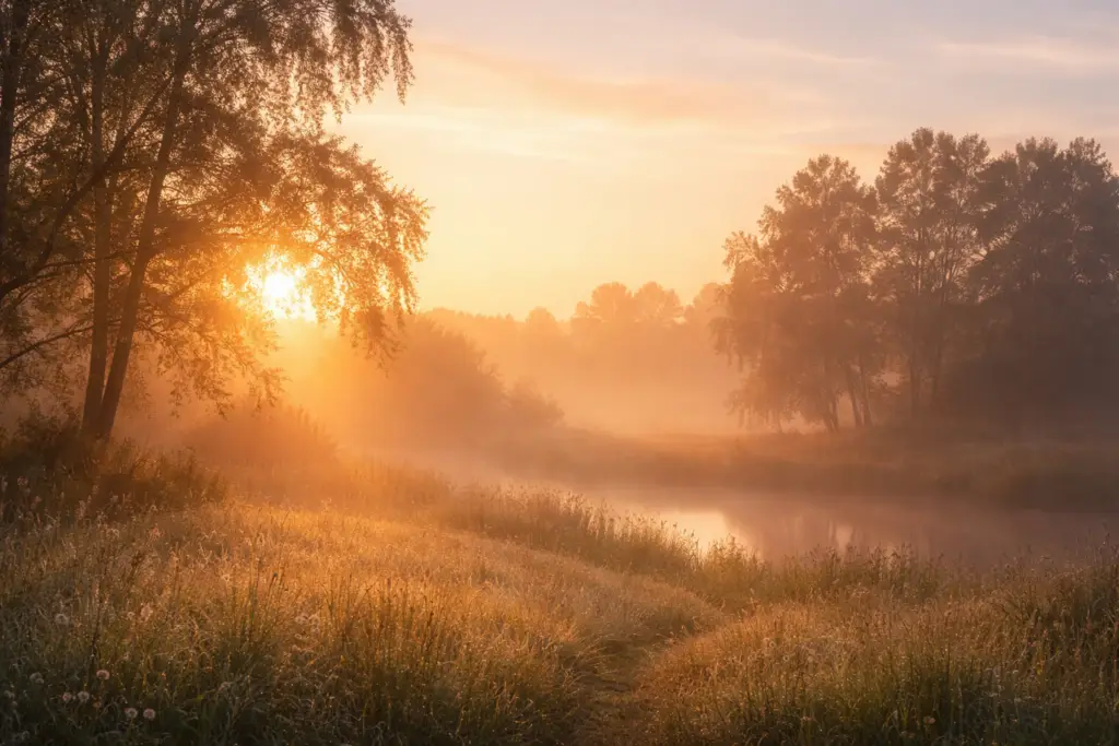emotional awareness creates space for gentle personal growth - golden sunrise over a misty meadow