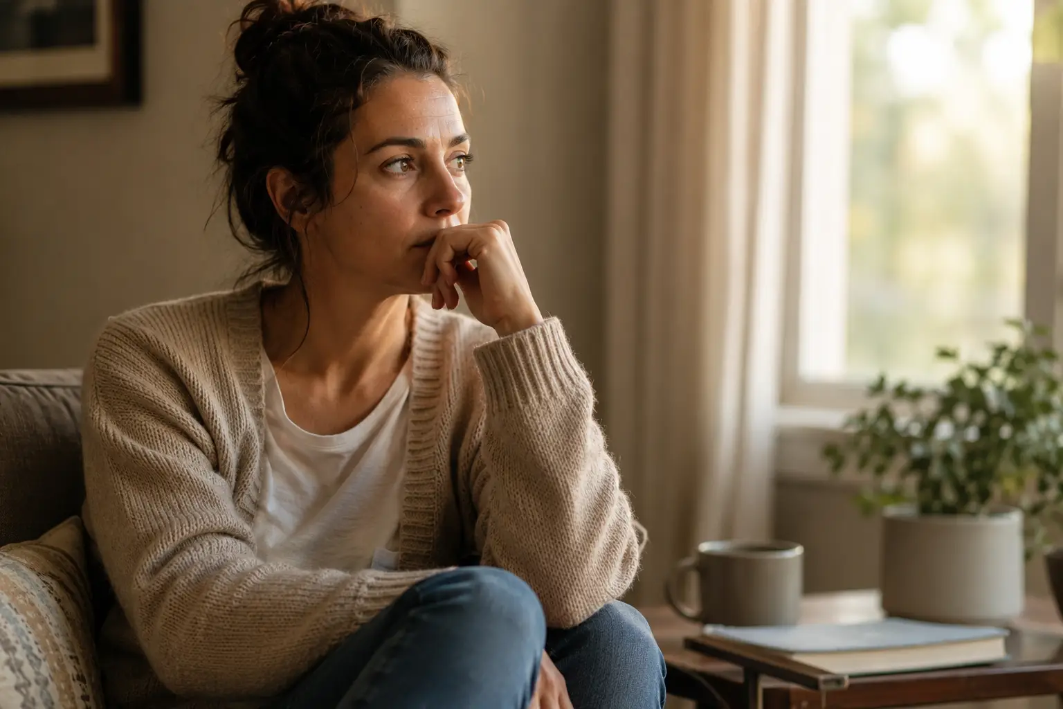 Person pausing reflectively during an emotional moment, representing awareness before reaction and intentional growth.