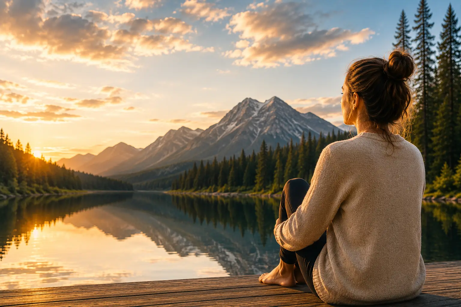 Awareness Helps Us Know Who We Are woman looking over lake to sunrise