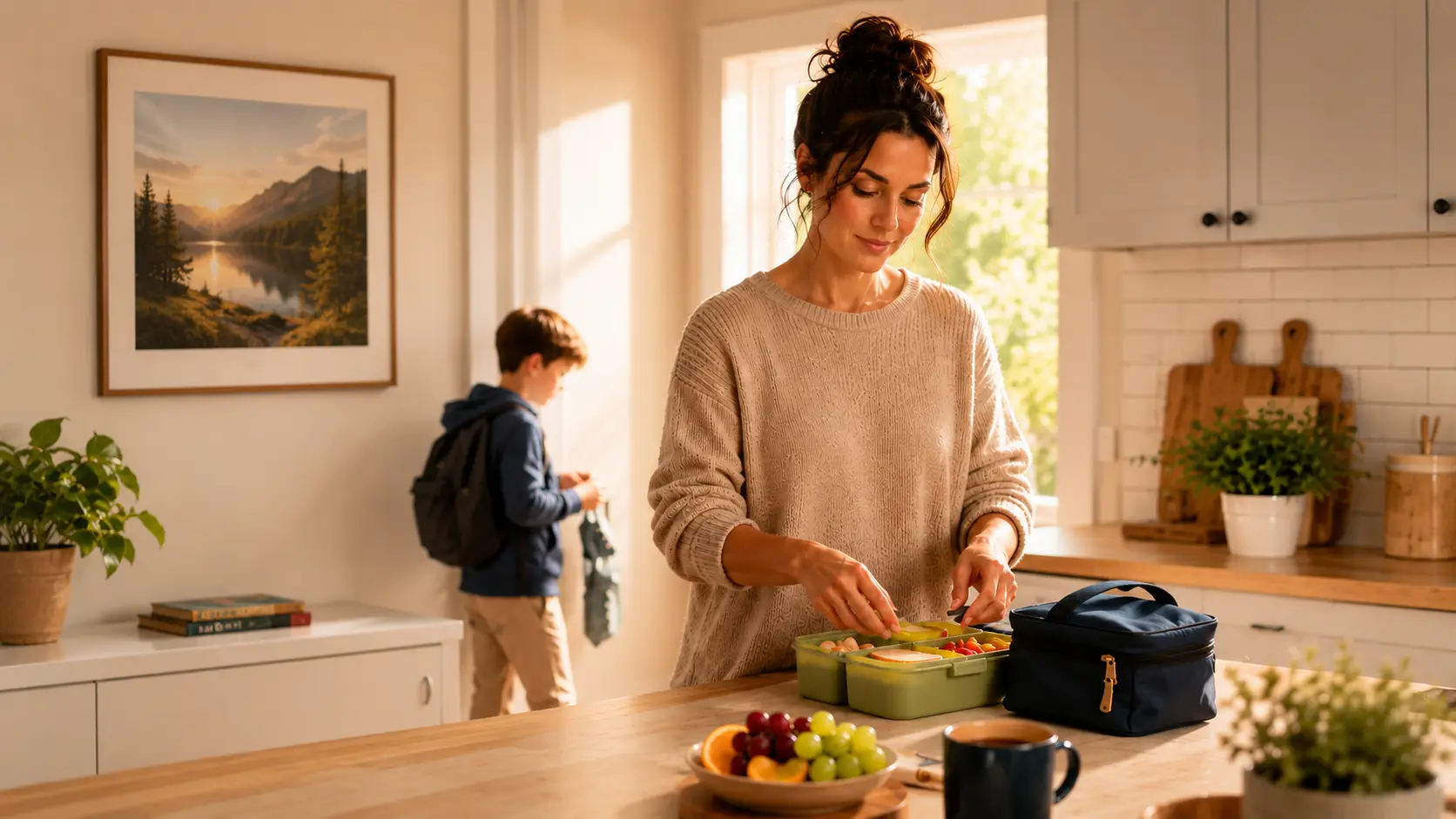 Woman preparing lunch in a warm kitchen while reflecting on her actions and daily habits, representing awareness, personal growth, and intentional living.