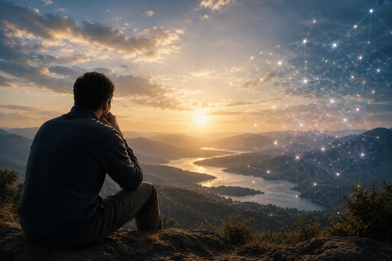 Thoughtful person reflecting while viewing both natural scenery and digital information, symbolizing wisdom, discernment, and human judgment in the age of artificial intelligence.
