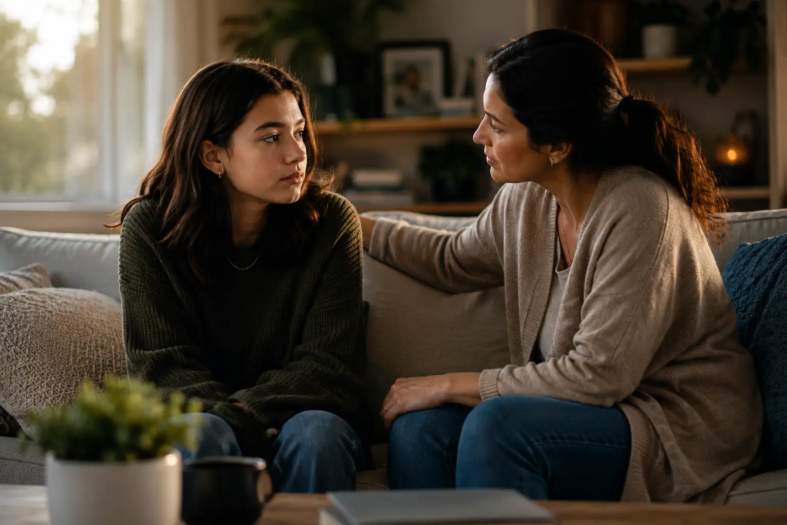 Parent sitting with teenage child in a calm conversation that communicates emotional safety, acceptance, belonging, and connection.