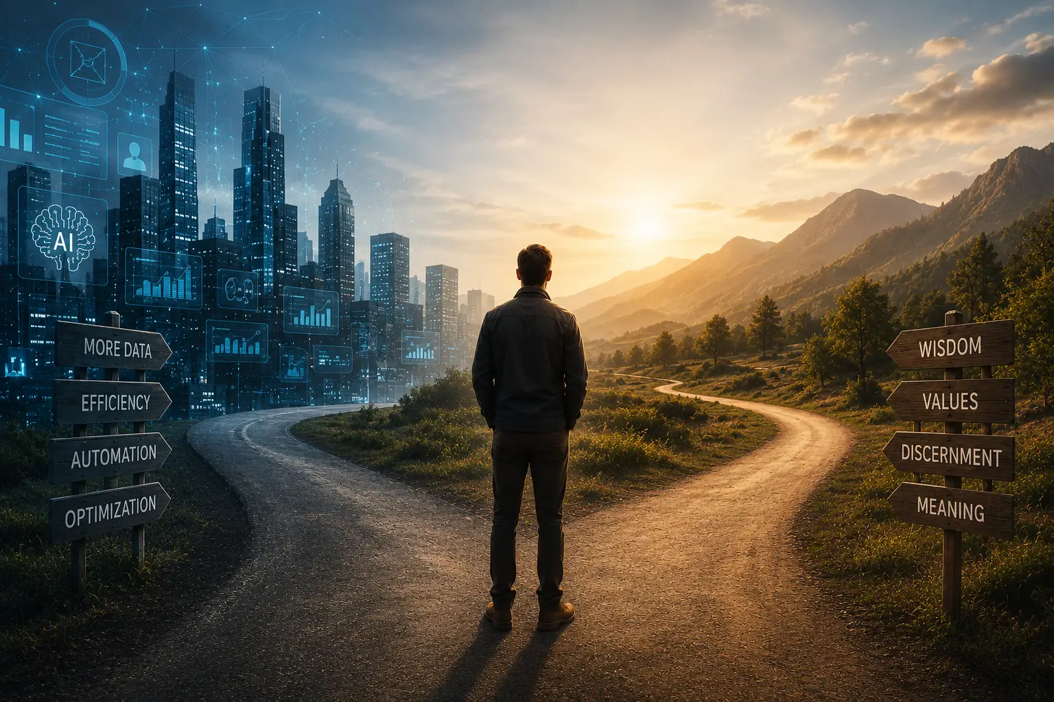 A reflective person standing at a crossroads between a modern digital city and a natural landscape, representing human discernment, wisdom, and intentional decision-making in an increasingly automated world.