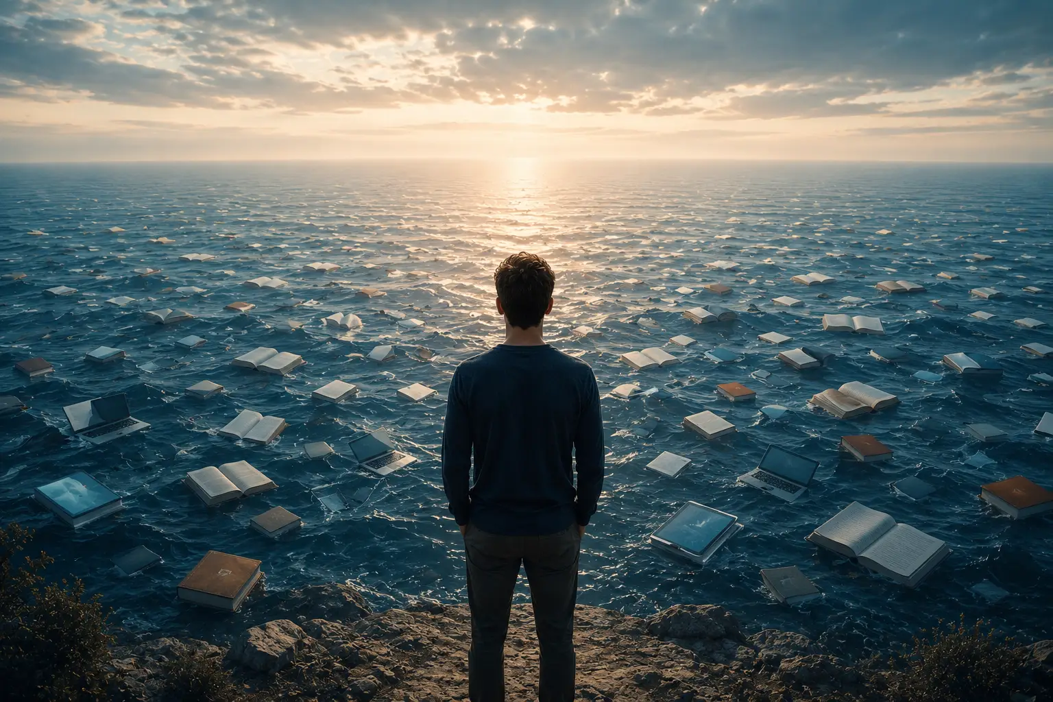 Person standing thoughtfully beside a vast ocean at sunrise, symbolizing identity, self-awareness, discernment, and staying grounded in a world overflowing with information.