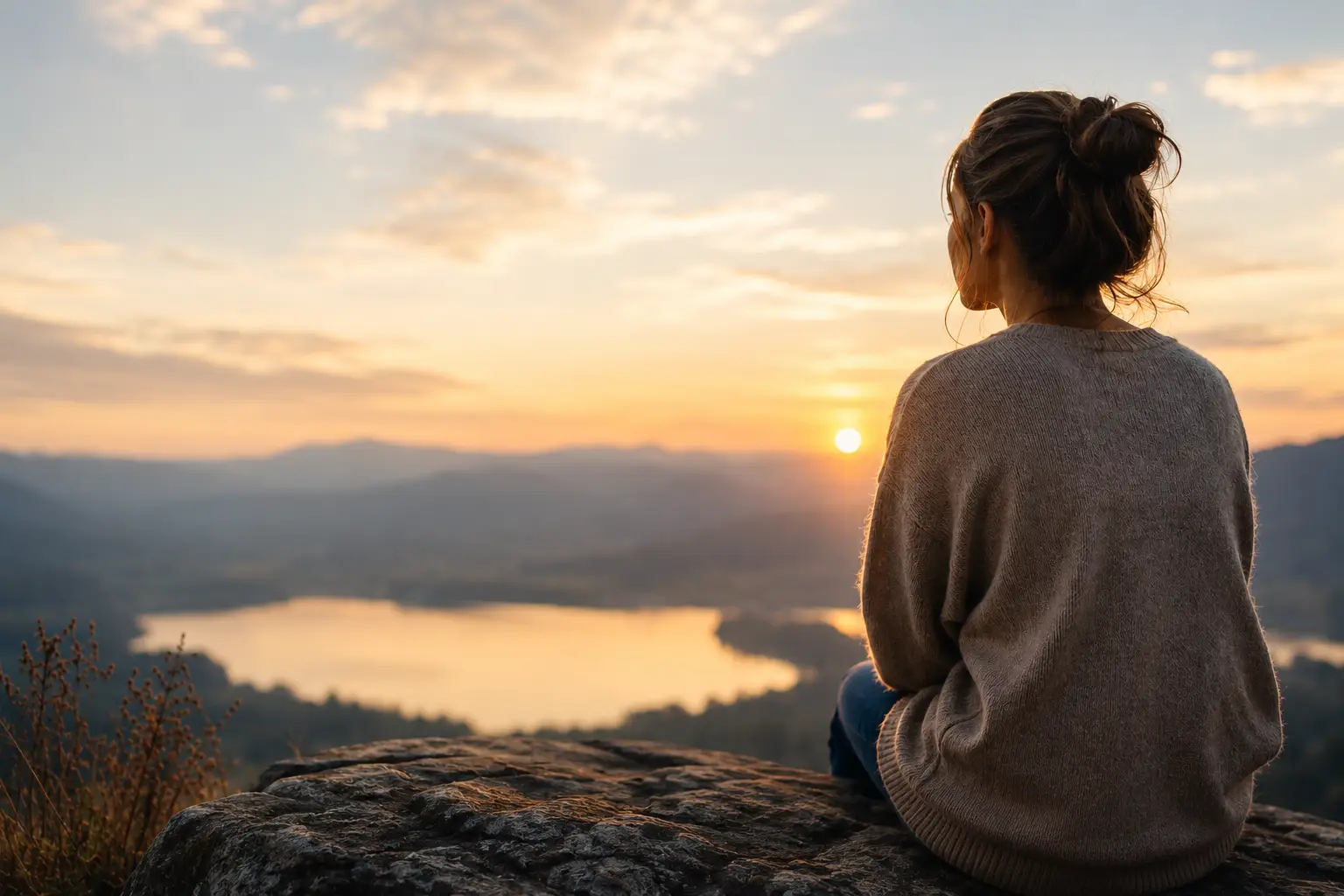 Person sitting quietly overlooking a peaceful lake at sunset reflecting on emotional awareness, reactions, and the space between knowing and responding.