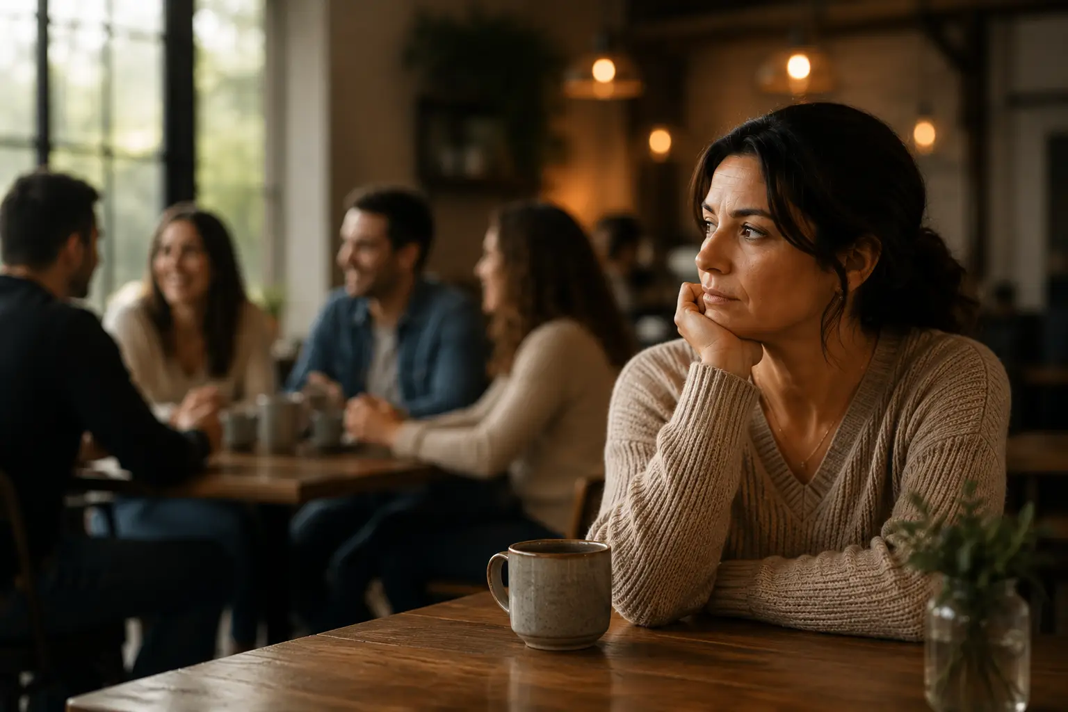 Person sitting quietly in a social setting while reflecting emotionally, representing the difference between fitting in and genuine belonging.