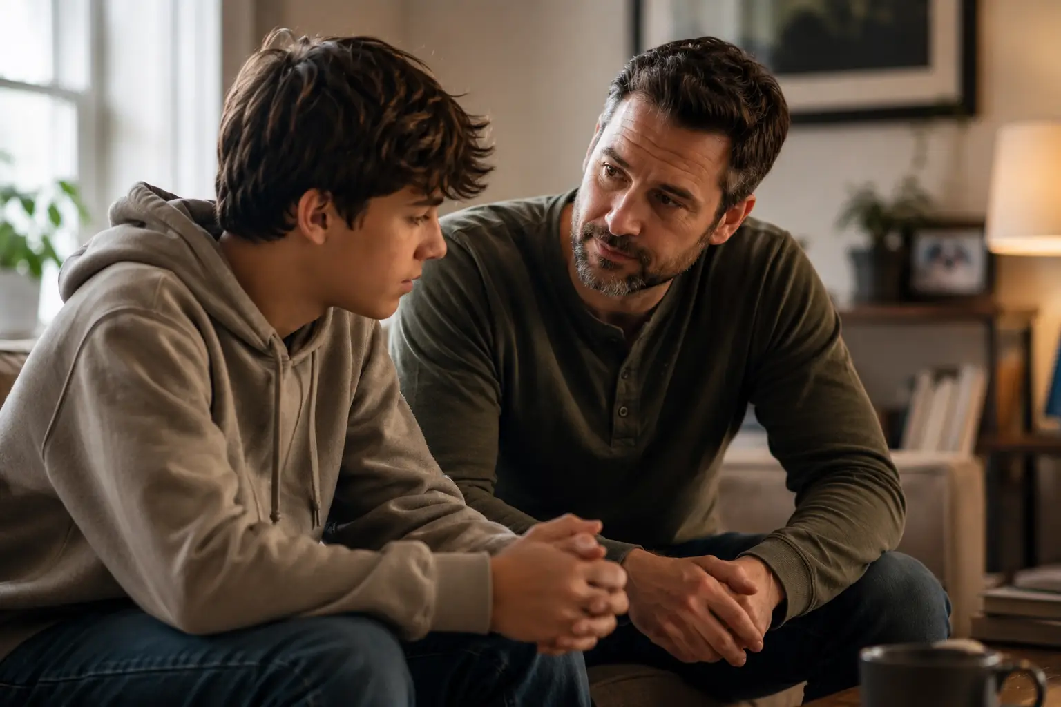 Parent sitting attentively with a teenager during a quiet emotional moment, representing human presence and emotional connection in the AI age.