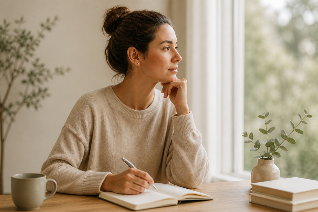 Woman sitting by a window in a quiet reflective moment, writing in a journal and representing emotional awareness before reacting