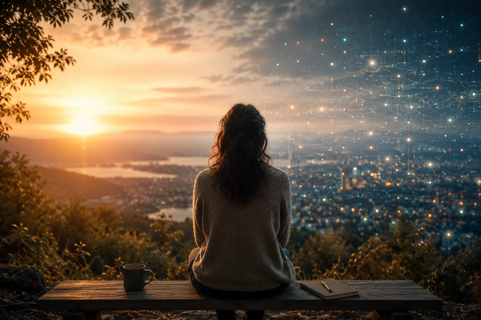 A reflective woman overlooking a sunset cityscape blended with subtle digital network imagery, representing awareness, discernment, and humanity in the age of information and AI.