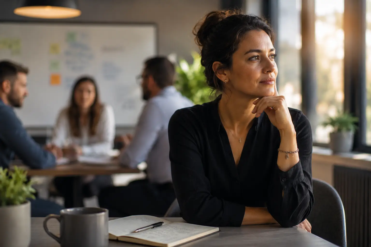 A thoughtful leader standing with a team in the background, reflecting before a conversation, representing emotional awareness, trust, and human-centered leadership in the age of AI.