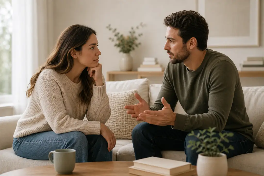 Two people sitting together in a thoughtful conversation, showing a moment where emotions and reactions can influence communication