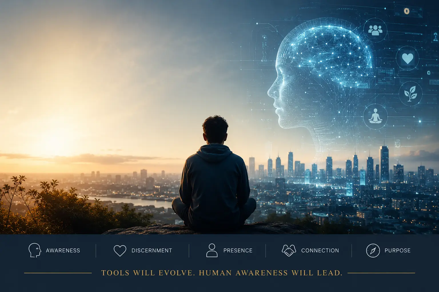 A reflective person overlooking a futuristic city with digital AI imagery, representing human awareness, discernment, presence, and connection in the age of AI.