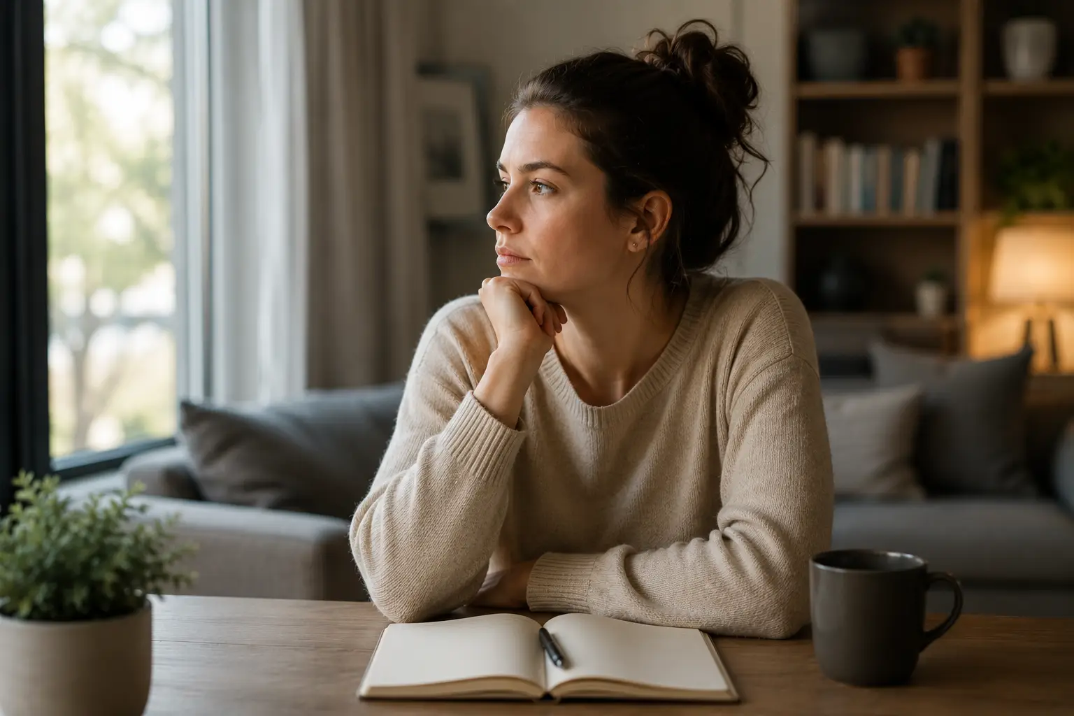 woman sitting at table pondering why she did what she knew better