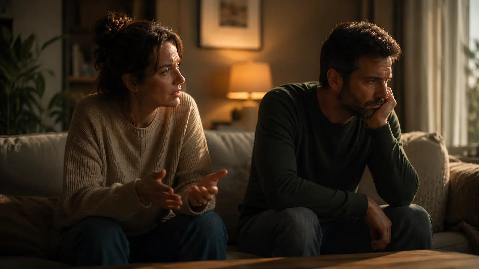 Couple sitting quietly after a difficult conversation, reflecting emotional awareness and recurring relational patterns.