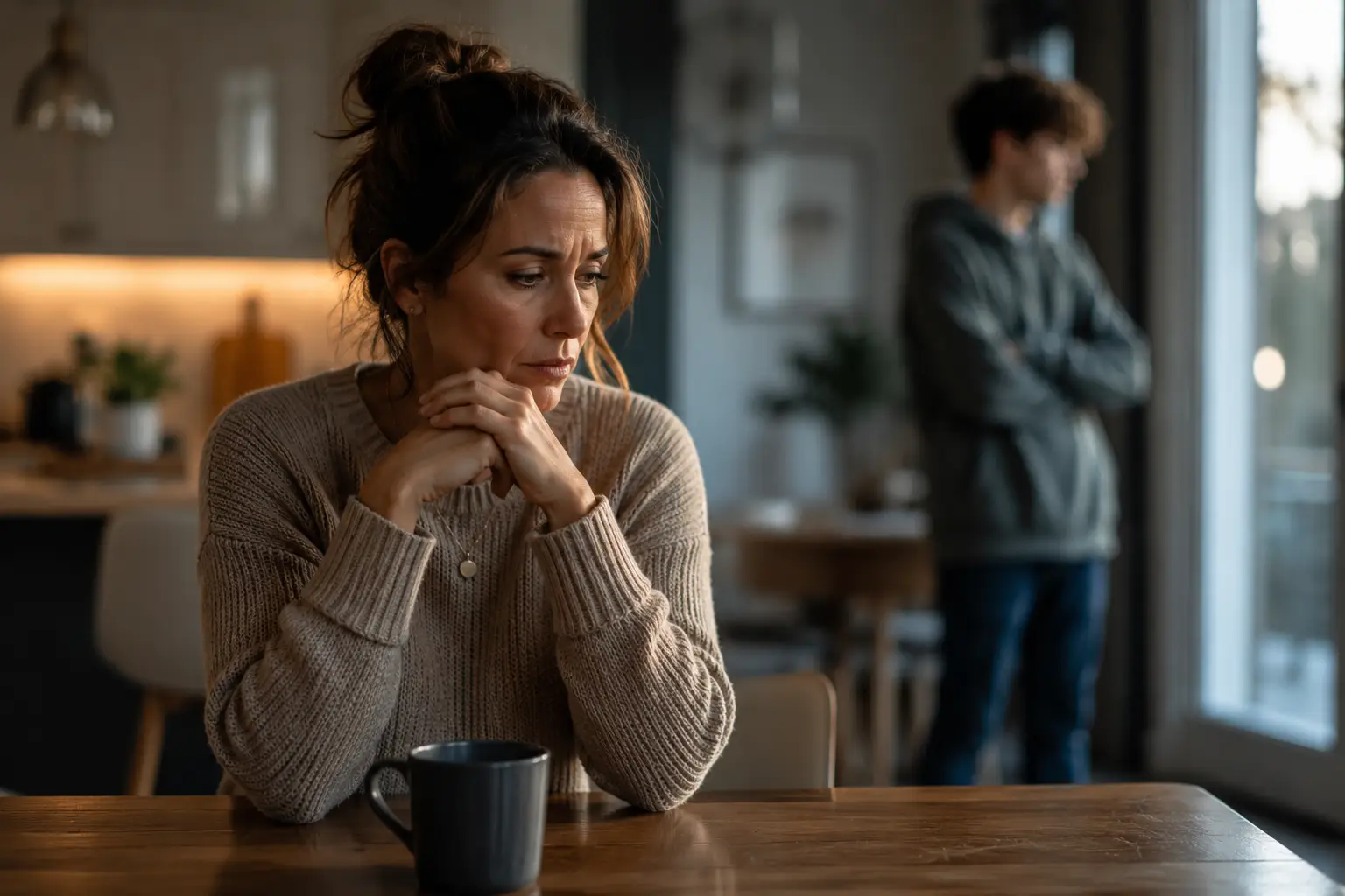 woman sitting thoughtfully in a softly lit living room near a window, representing emotional awareness, reflection, and creating space before reacting.
