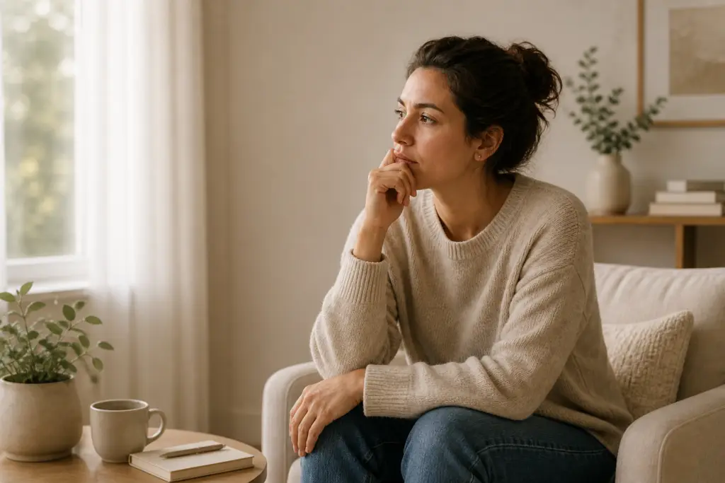 Woman pausing in a quiet moment of awareness, reflecting an internal reaction before responding