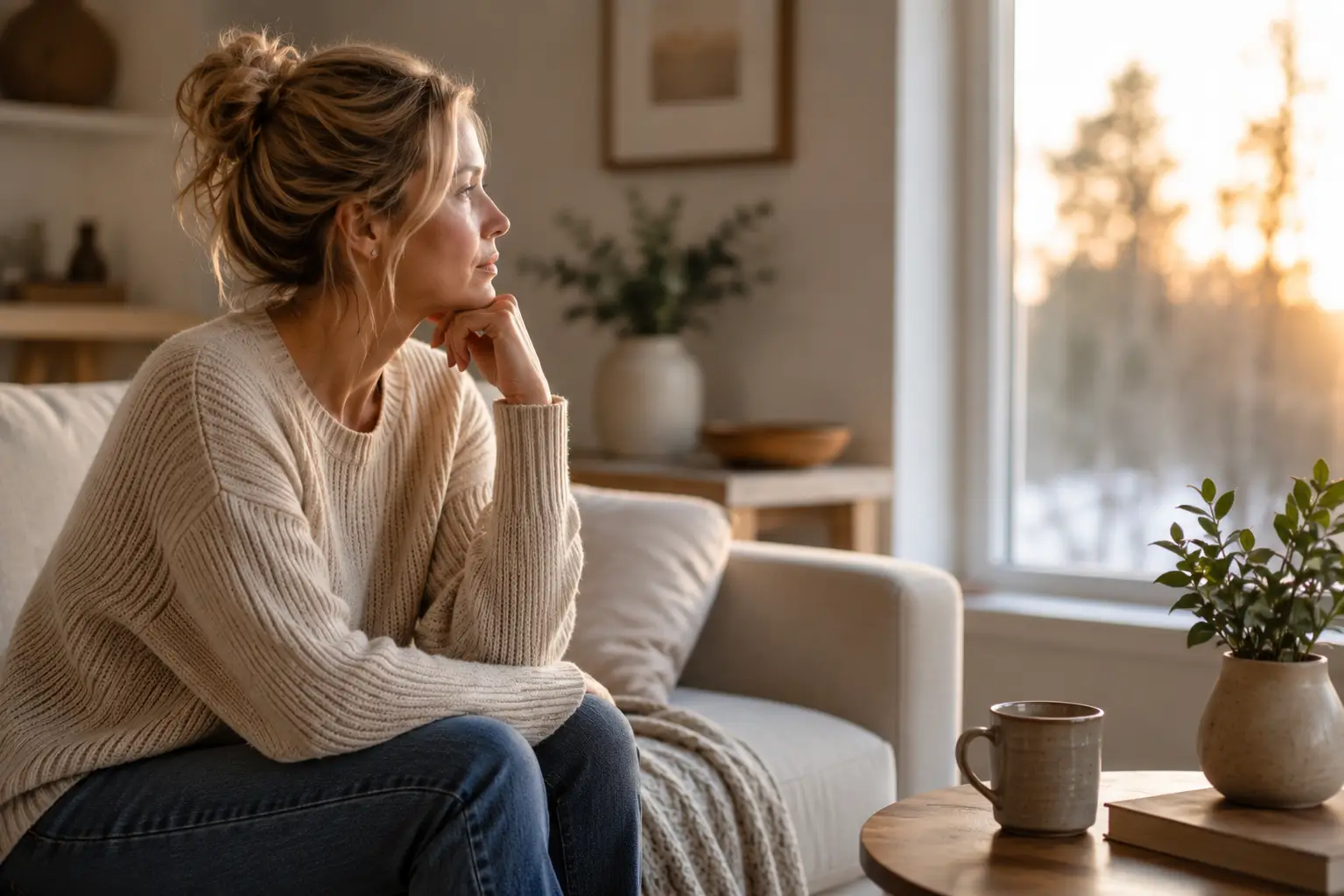 woman sitting thoughtfully in a softly lit living room near a window, representing emotional awareness, reflection, and creating space before reacting.