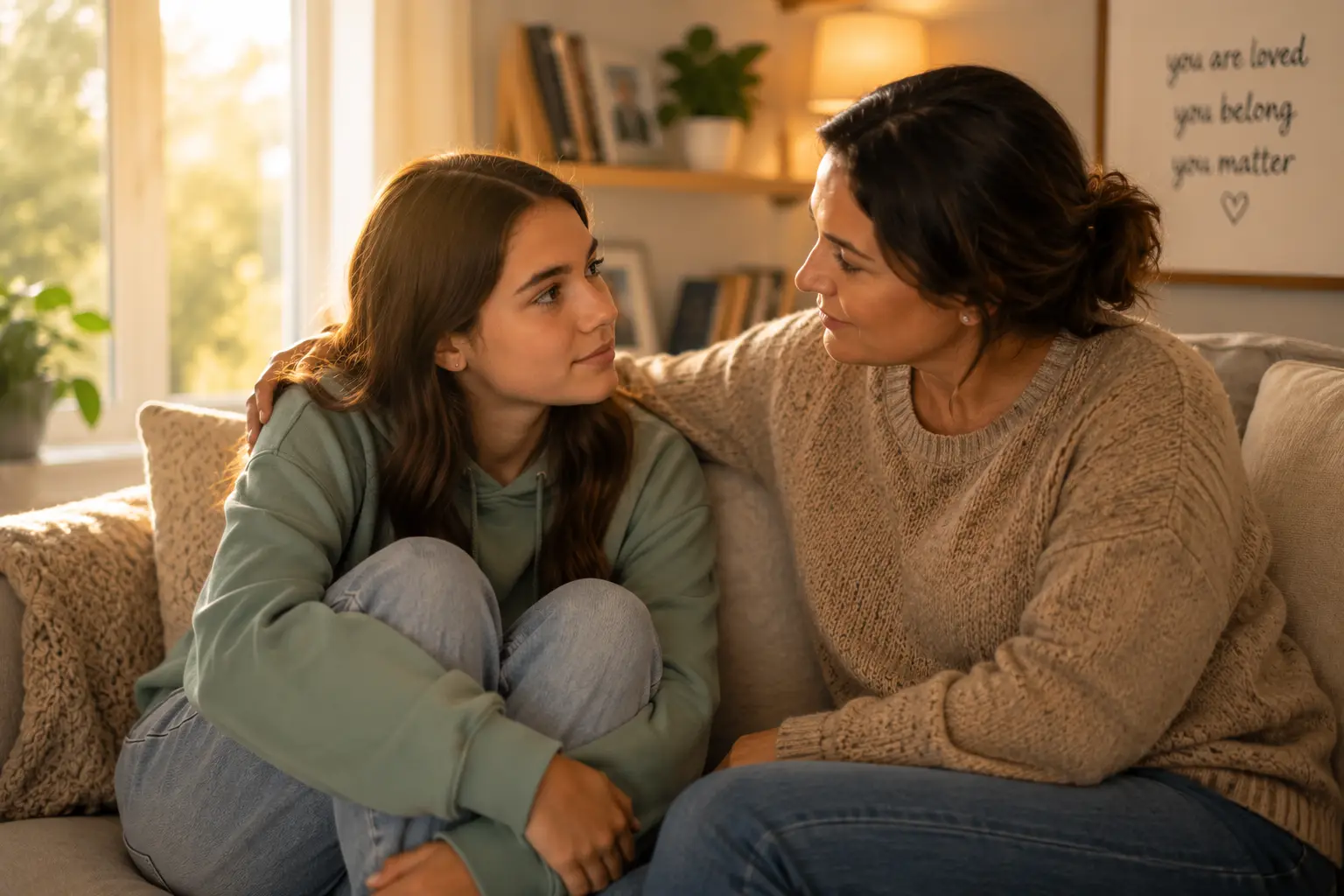 Mother sitting closely with teenage daughter in a warmly lit living room creating a sense of emotional safety, connection, and belonging at home.