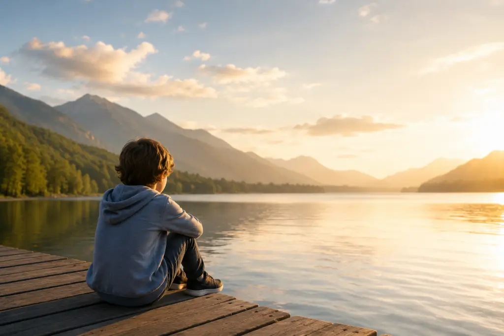 Child sitting by a lake at sunset in a quiet moment of reflection, representing identity development and self-awareness