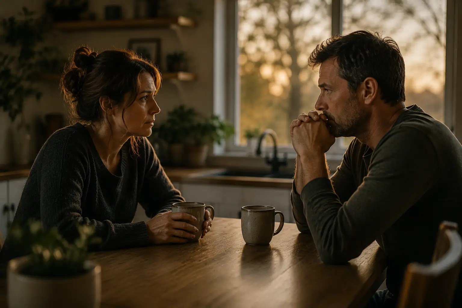 A couple sitting across from each other at a kitchen table during a serious but emotionally grounded conversation, representing the difference between conflict and contention in relationships.