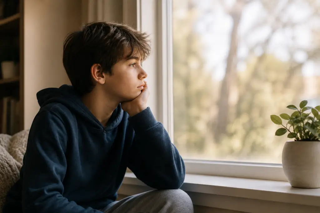 Teen sitting by window reflecting during a difficult moment — developing hope through support