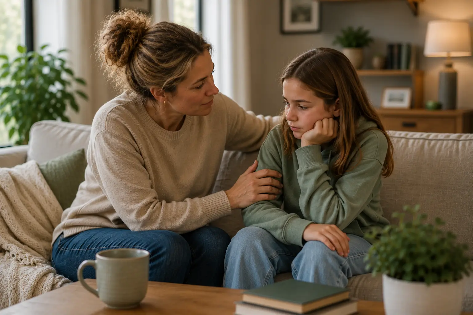 Mother sitting with her daughter in a calm supportive moment at home, helping her process big emotions with connection and steadiness