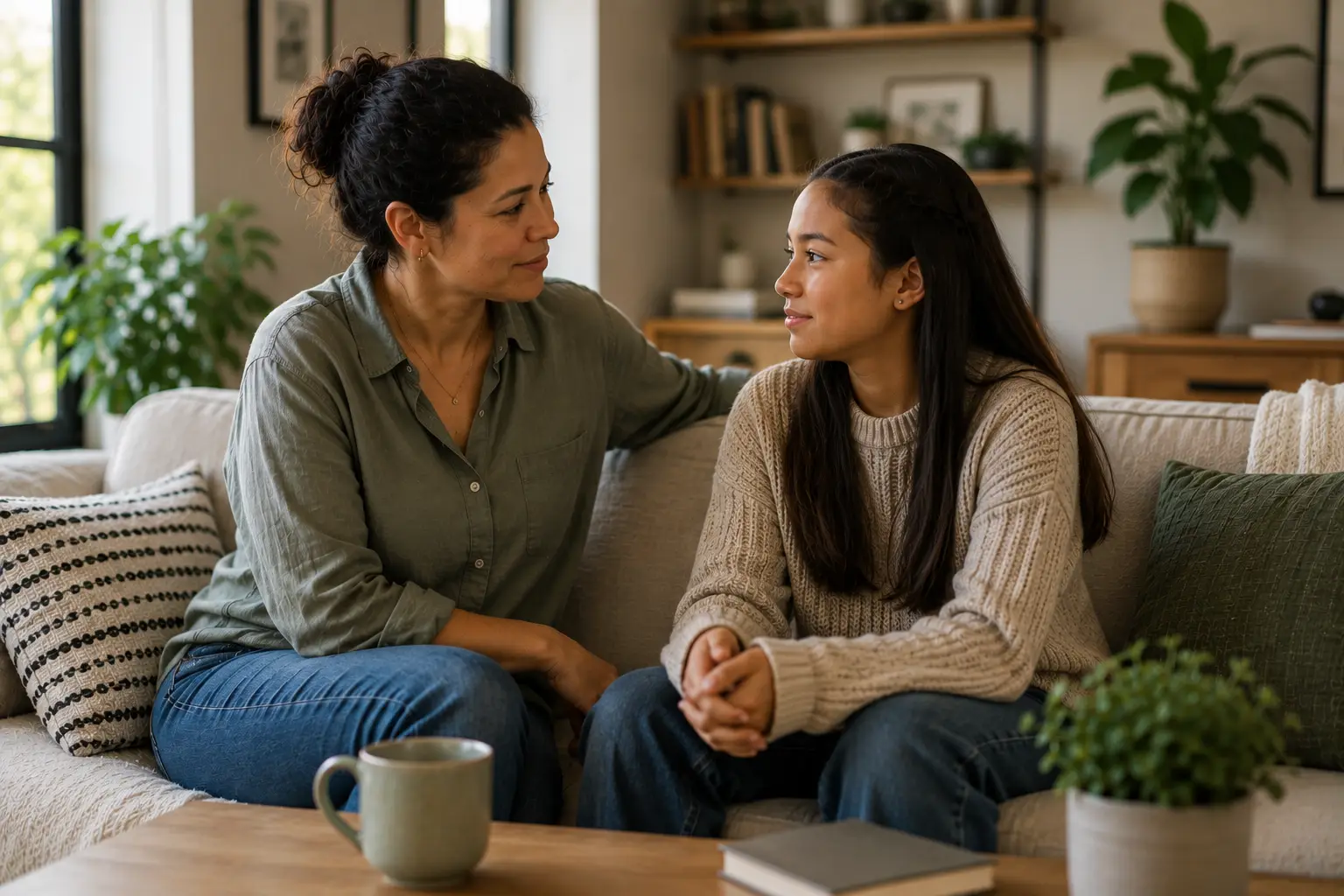 Mother and teenage daughter sitting together in a calm, connected conversation at home, reflecting independence and emotional connection