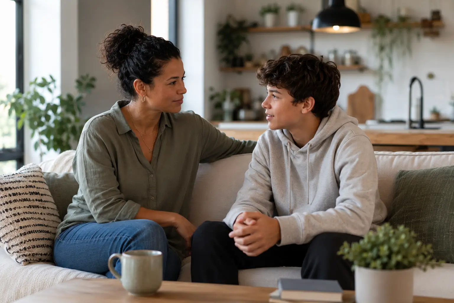 Mother and teenage son sitting together in a calm, connected conversation at home, reflecting support, trust, and interdependence