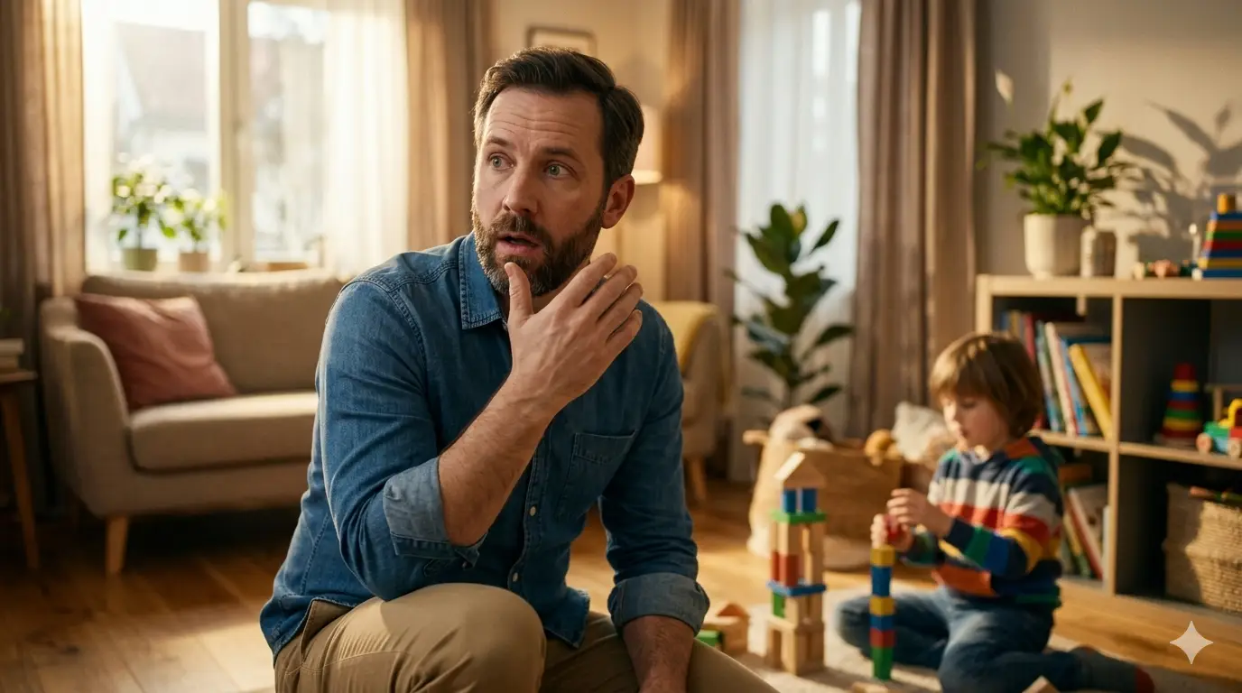 A father sitting quietly beside his young son in a softly lit living room, sharing a calm reflective moment that represents emotional awareness, connection, and the space between knowing and becoming.
