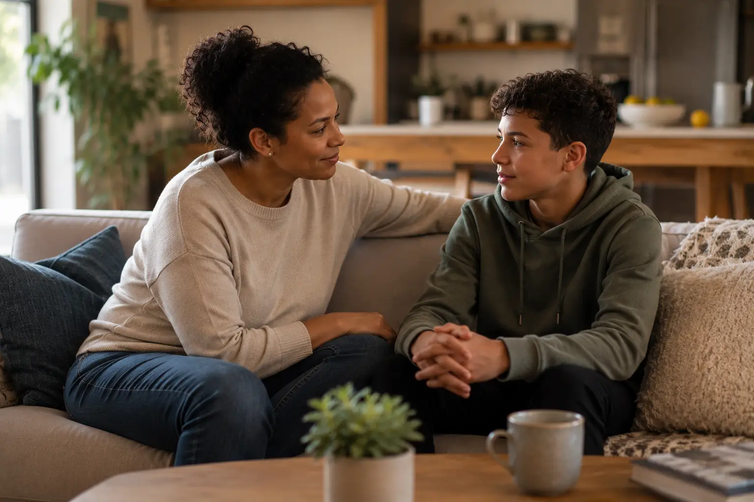 Parent and teenage child sitting together in a calm, connected moment at home, showing support and independence