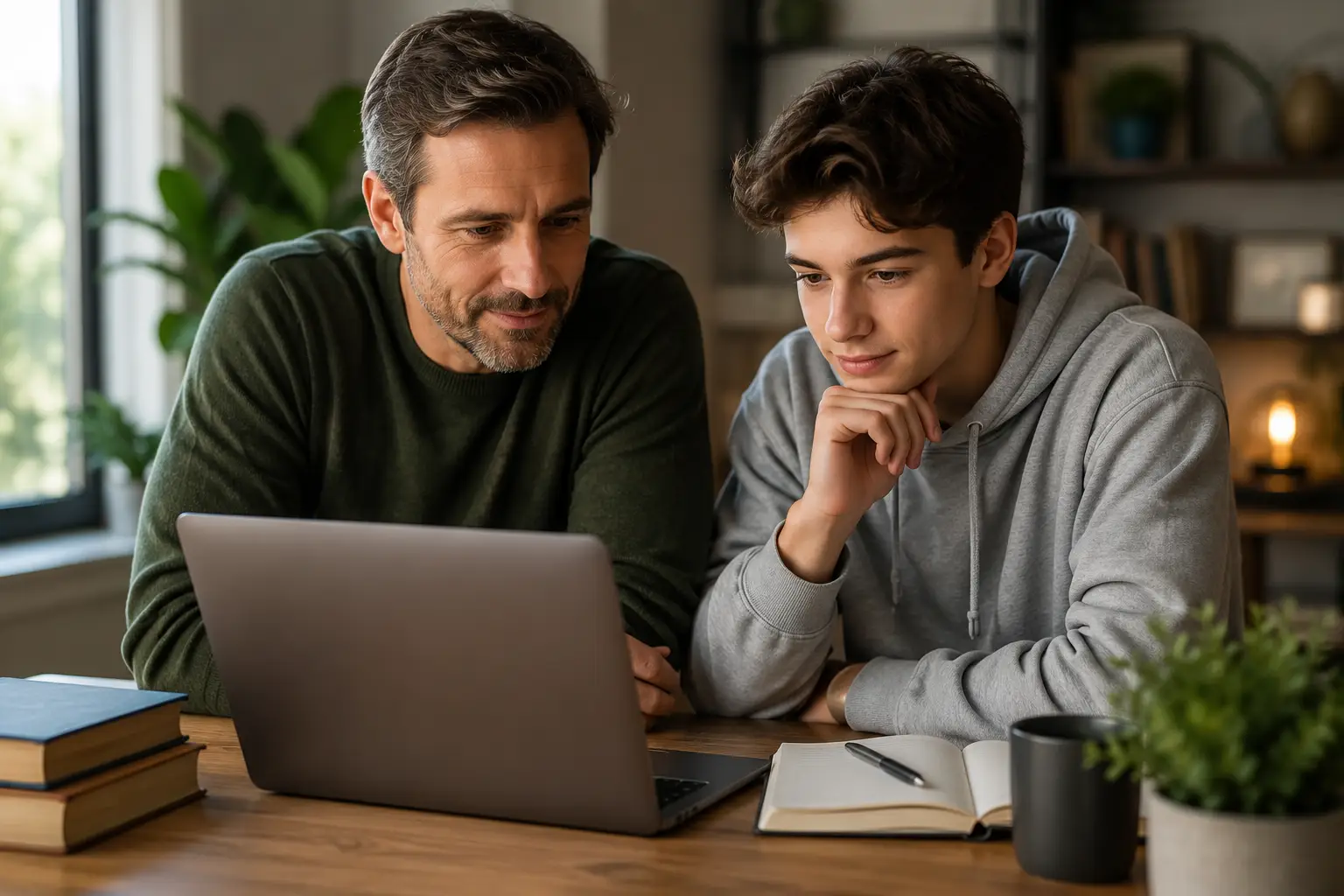 Parent and teenager thoughtfully using technology together, representing responsible AI use, awareness, learning, and human development