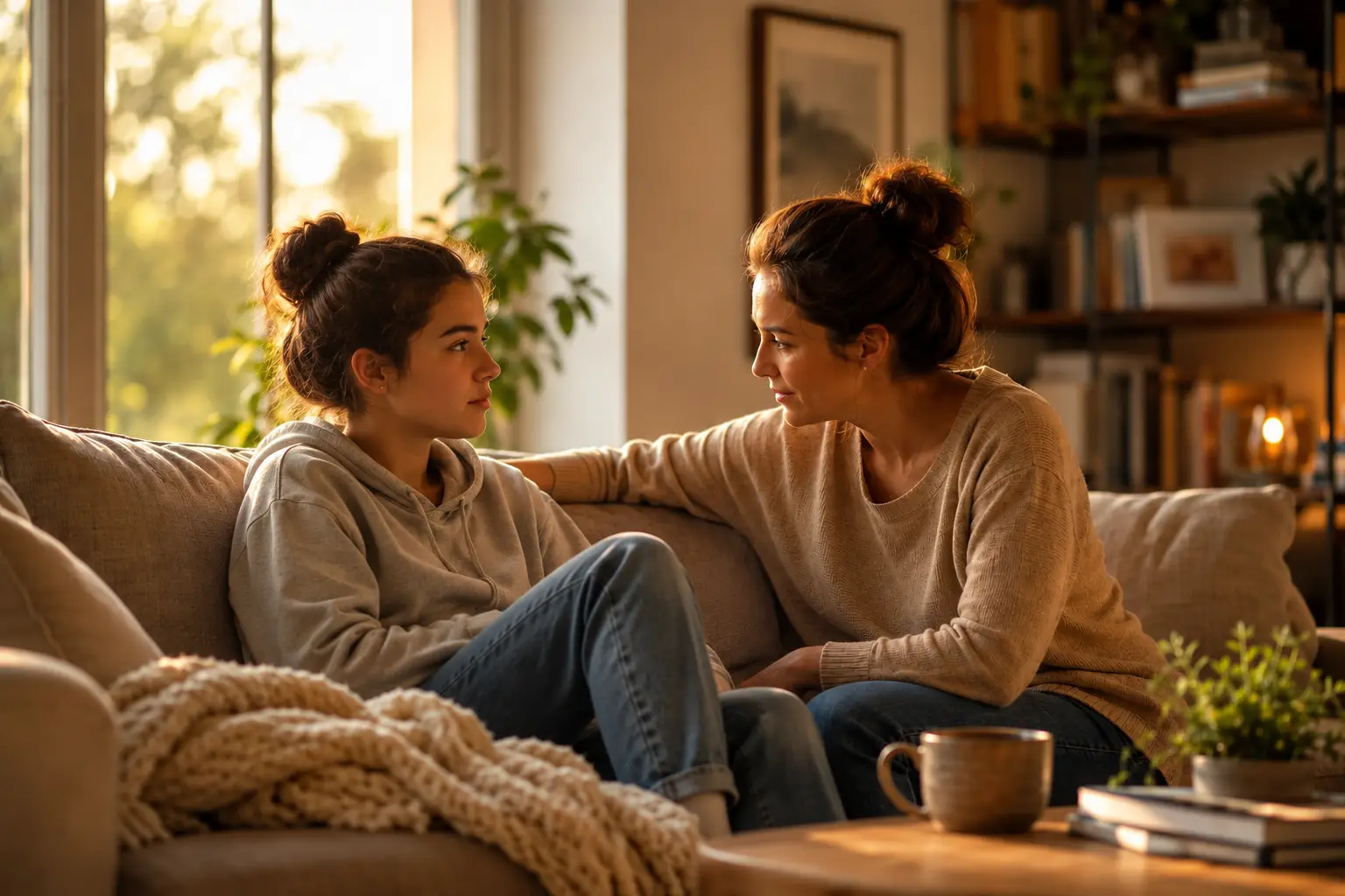 Parent and teenage daughter sitting together on a couch in a calm, connected moment at home