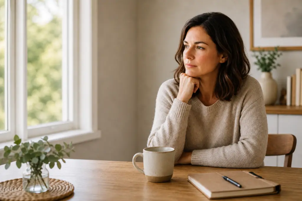 Woman sitting at a table in a quiet moment of reflection during a conversation, representing awareness before reacting