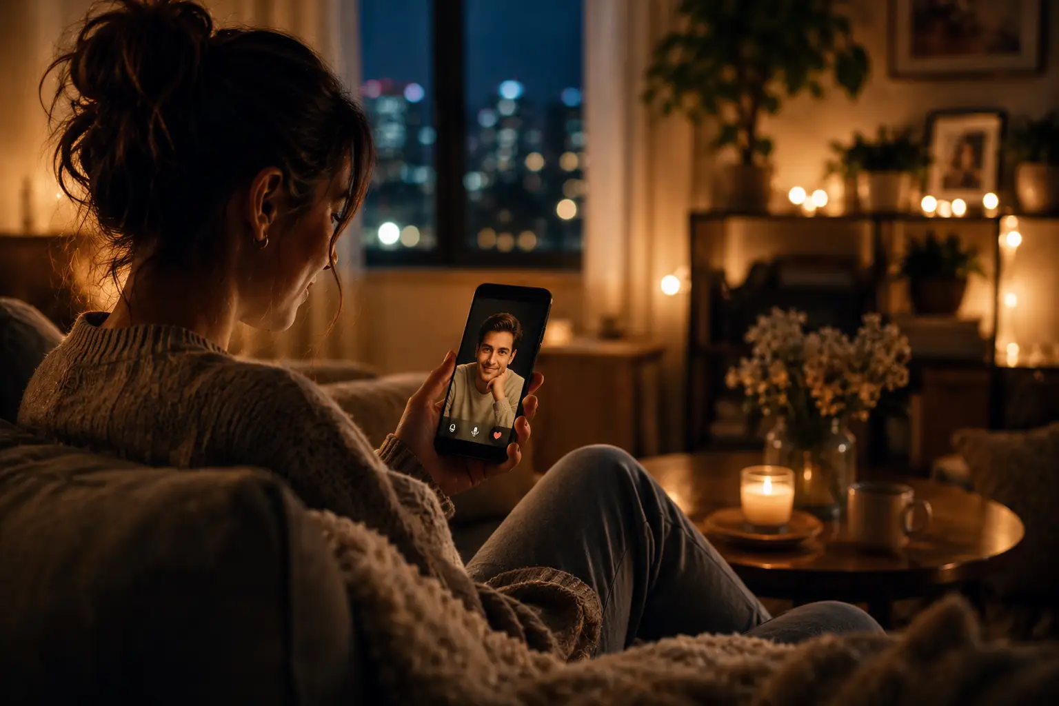 Person looking thoughtfully at a digital AI companion interface while observing a real couple connecting in the background, symbolizing the difference between artificial companionship and authentic human relationships.