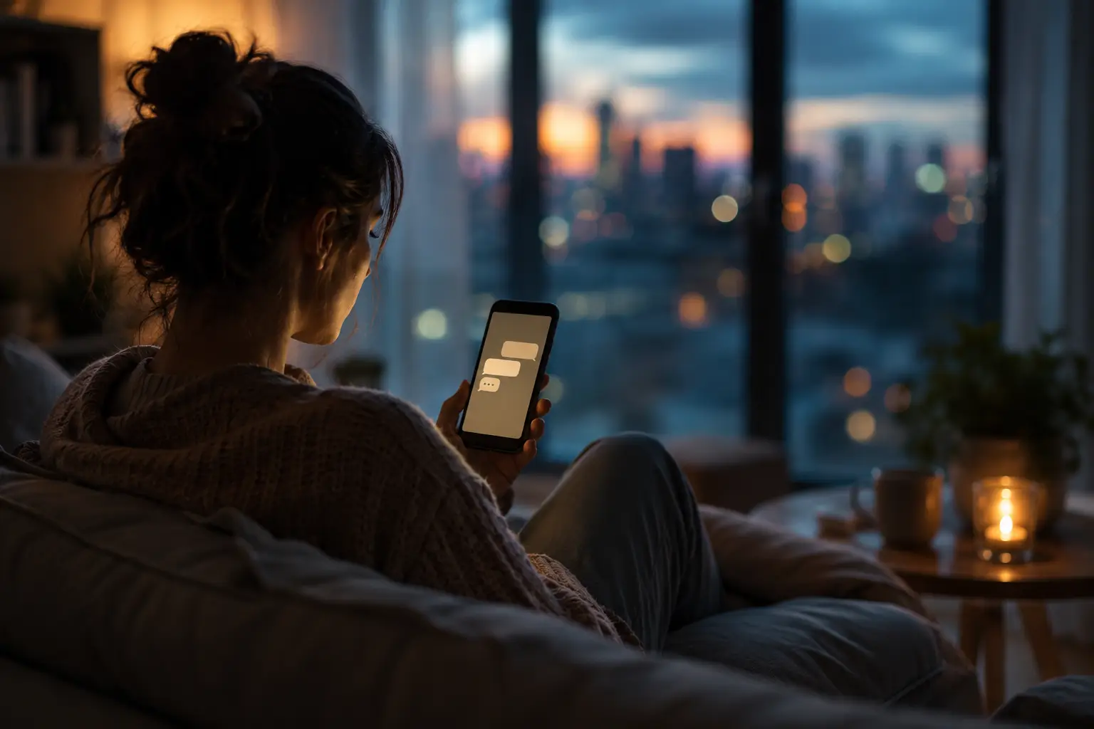 Person sitting alone with a digital device while looking toward a group of people connecting in the distance, symbolizing the difference between artificial connection and genuine human belonging.