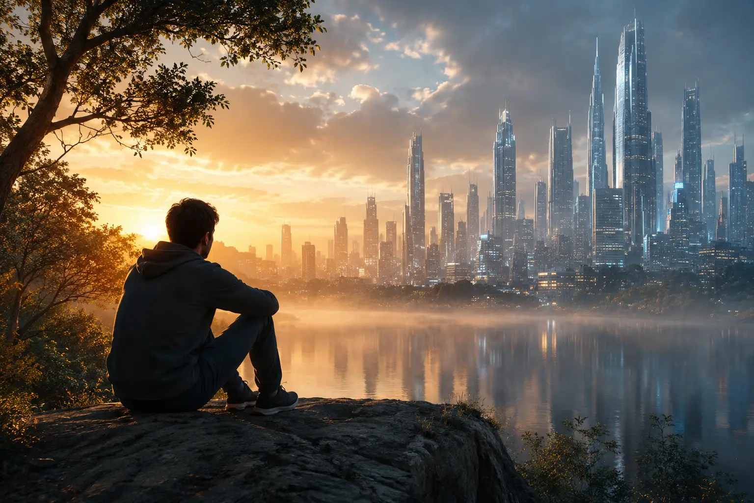 Person sitting thoughtfully beside a lake overlooking a futuristic city skyline at sunset, symbolizing awareness, wisdom, and remaining human in an increasingly artificial world.