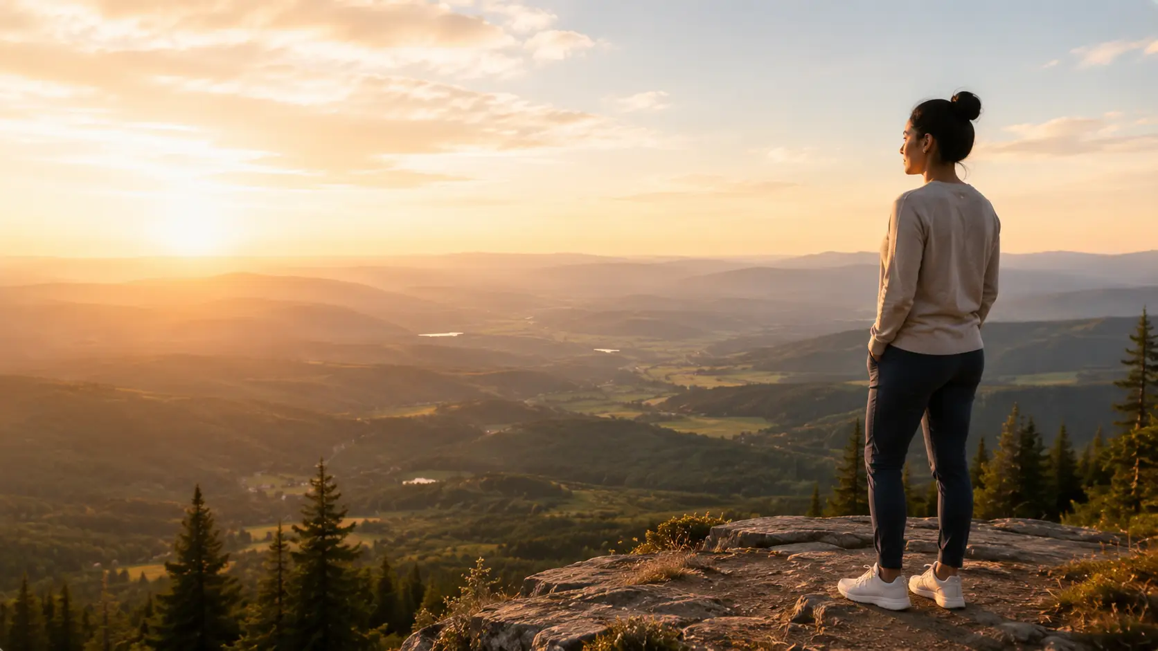 woman overlooking valley self-competent able to stand on truth adapt to challenges and persevere