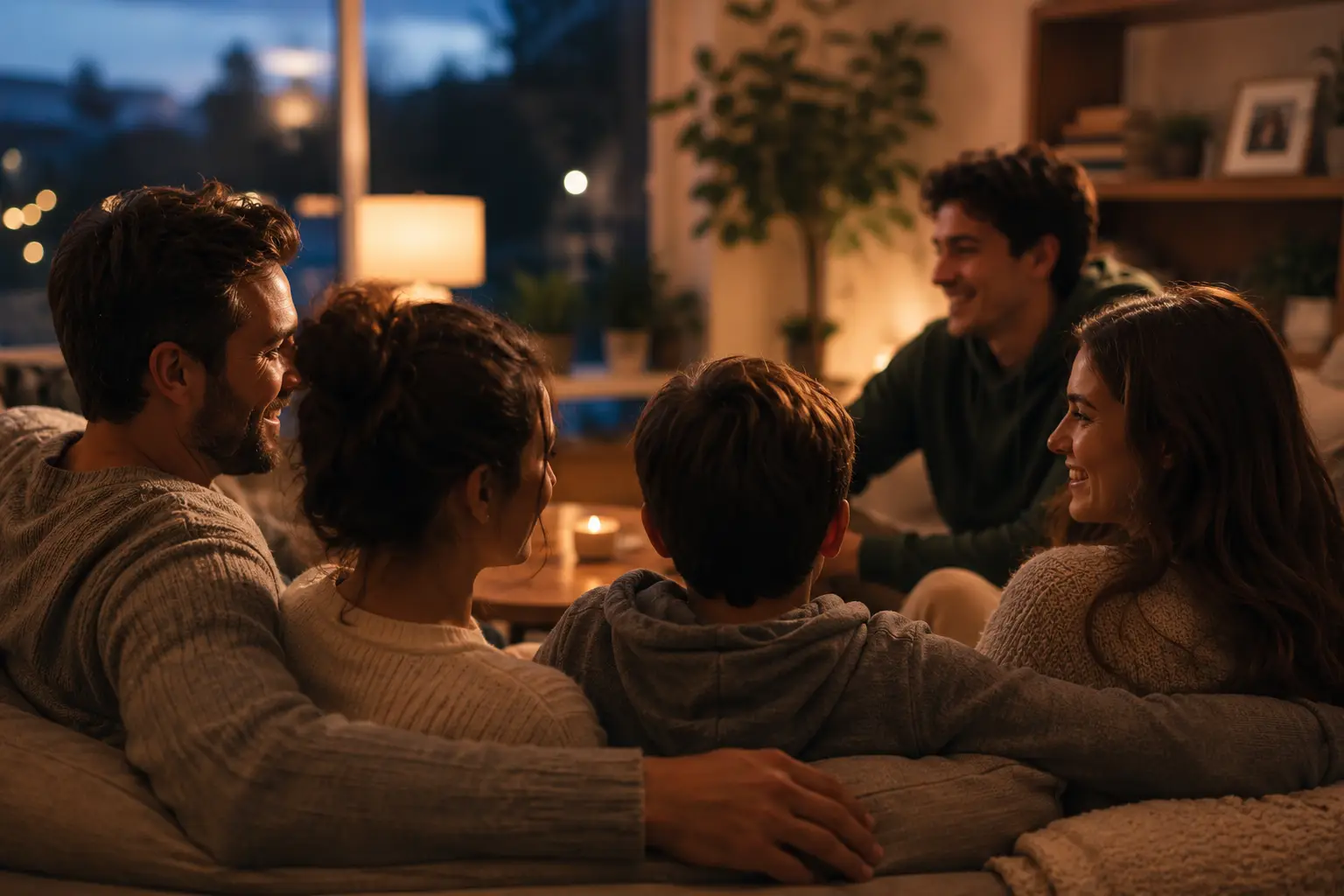 Person standing among family and friends in a warm gathering while digital screens fade into the background, symbolizing the difference between AI interaction and human belonging.