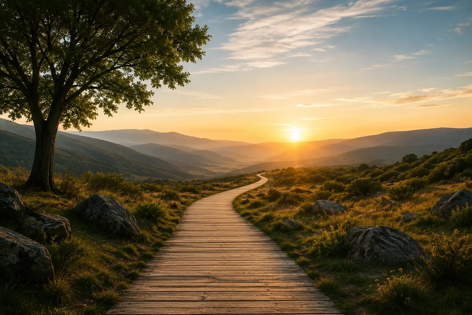 Sunlit pathway winding through a peaceful landscape representing awareness, intentional growth, and human flourishing.