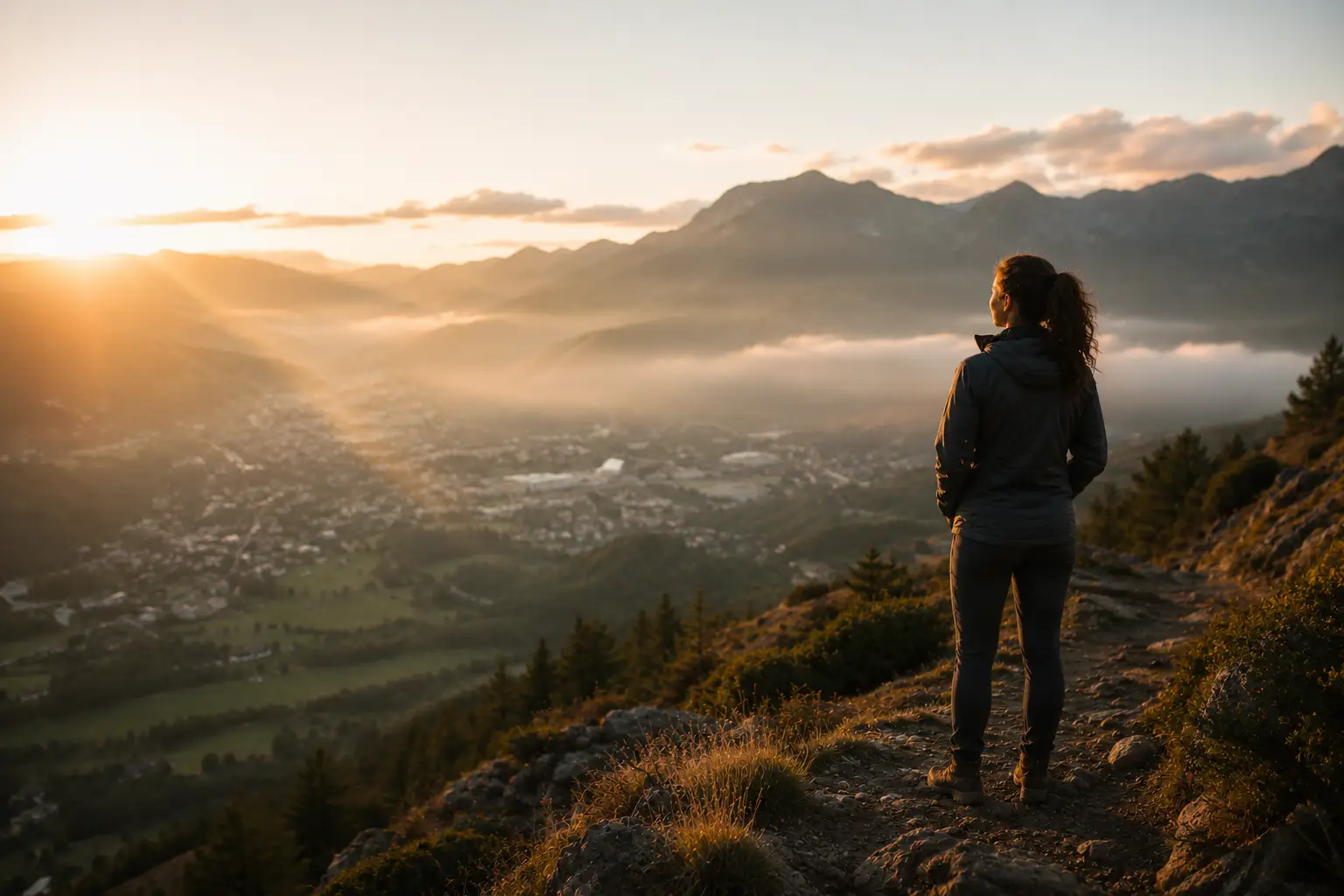 A woman stands on a mountain trail at sunrise, looking over a misty valley and distant town, symbolizing reflection, purpose, personal growth, and human flourishing.