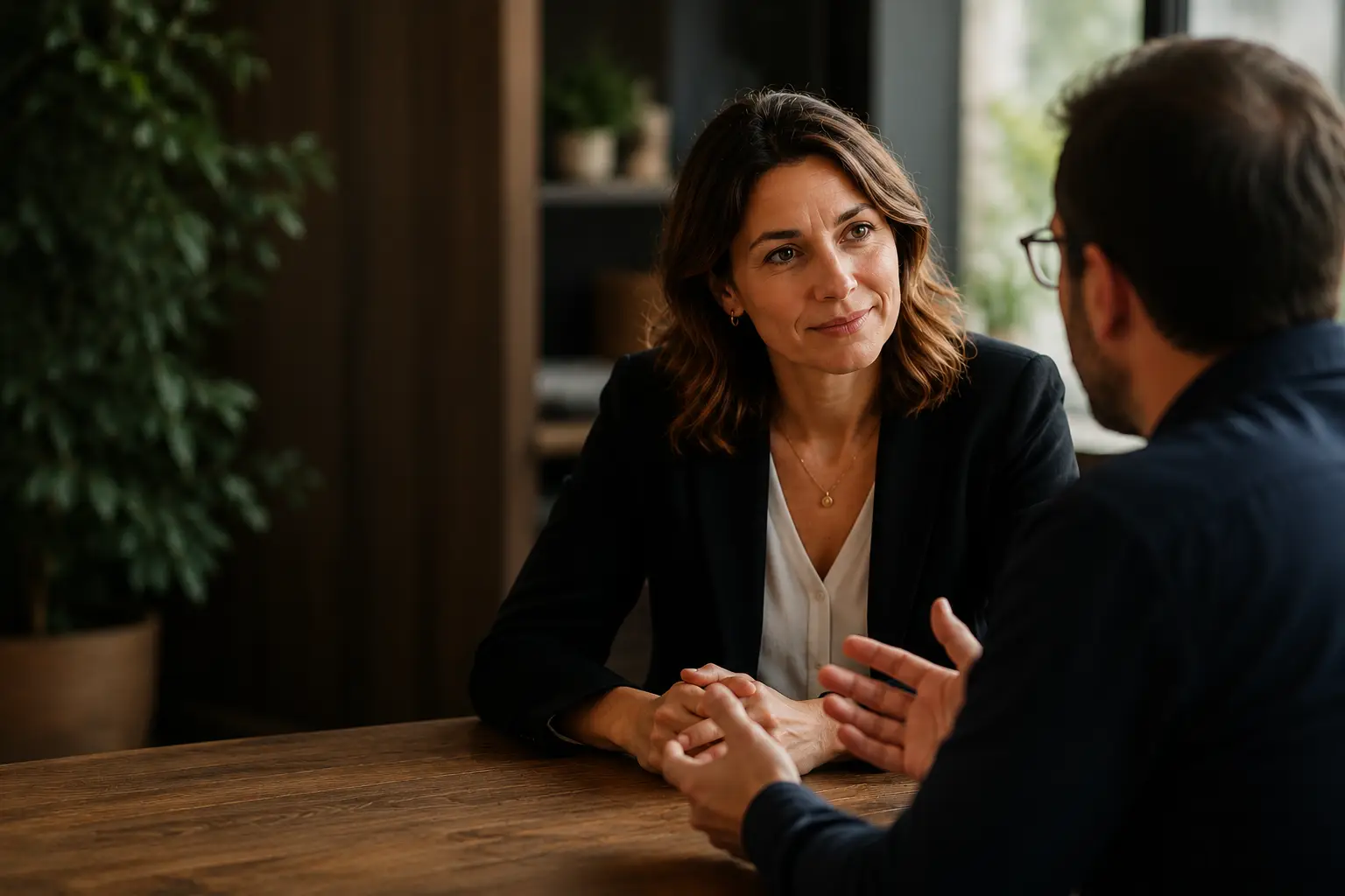Two professionals engaged in a meaningful conversation, illustrating human awareness, connection, and relationship in the age of AI.